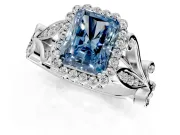 Halo Engagement Ring Setting for Fancy Blue Radiant Cut Center with Leaf Motif Split Shank and Prong Head in Platinum