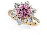 Floral Halo Engagement Ring Setting for Fancy Pink Round Cut Center with Pave Accents and Prong Head in Yellow Gold