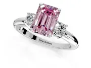 3 Stone Engagement Ring Setting for Fancy Pink Emerald Cut Center with Wide Plain Band and Prong Head in Platinum