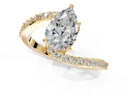 Solitaire Engagement Ring Setting for Pear-Shaped Center with Pave Bypass Swirl Band and Prong Head in Yellow Gold