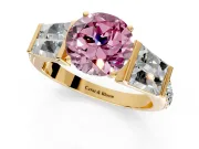 Channel-Set Engagement Ring Setting for Fancy Pink Round Cut Center with Baguette Band and Prong Head in Yellow Gold