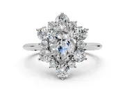 Small-Accent Cluster Halo Engagement Ring Setting for Pear-Shaped Center with Plain Band and Prong Head in White Gold