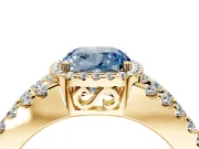 Halo Engagement Ring Setting for Fancy Blue Cushion Cut Center with Wide-Open Pave Split Shank and Prong Head in Yellow Gold