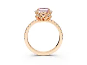 Halo Engagement Ring Setting for Fancy Pink Asscher Cut Center with Openwork Halo, Pave Band and Prong Head in Rose Gold