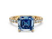 Solitaire Engagement Ring Setting for Fancy Blue Asscher Cut Center with Shared-Prong Accents and Prong Head in Yellow Gold