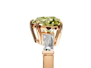 3 Stone Engagement Ring Setting for Fancy Yellow Heart-Shaped Center with Baguette Accents and Prong Head in Rose Gold