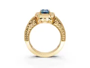 Milgrain Halo Engagement Ring Setting for Fancy Blue Emerald Cut Center with Pave Band and Prong Head in Yellow Gold