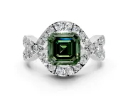 Halo Engagement Ring Setting for Fancy Green Asscher Cut Center with Pave Infinity Twist Band and Prong Head in White Gold