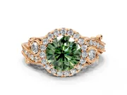 Milgrain Halo Engagement Ring Setting for Fancy Green Round Cut Center with Shoulder Bezels and Prong Head in Rose Gold