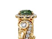 Milgrain Halo Engagement Ring Setting for Fancy Green Cushion Cut Center with Shoulder Bezels and Prong Head in Yellow Gold