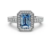 Milgrain Halo Engagement Ring Setting for Fancy Blue Emerald Cut Center with Wide Pave Band and Prong Head in Sterling Silver