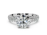 Solitaire Engagement Ring Setting for Round Cut Center with Multi-Row Pave Accents and Basket Head in Platinum