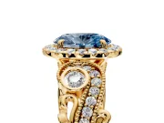 Milgrain Halo Engagement Ring Setting for Fancy Blue Oval Center with Shoulder Bezels and Prong Head in Yellow Gold