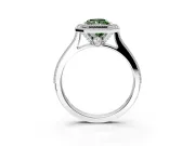 Halo Engagement Ring Setting for Fancy Green Radiant Cut Center with Milgrain Pave Band and Bezel Head in White Gold