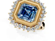 Halo Engagement Ring Setting for Fancy Blue Asscher Cut Center with Milgrain Bezel Rim, Plain Band and Prong Head in Yellow Gold