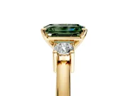 3 Stone Engagement Ring Setting for Fancy Green Emerald Cut Center with Wide Plain Band and Prong Head in Yellow Gold