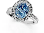 Halo Engagement Ring Setting for Fancy Blue Oval Center with Milgrain Halo, Pave Band and Prong Head in Sterling Silver