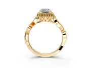 Halo Engagement Ring Setting for Emerald Cut Center with Leaf Motif Split Shank and Prong Head in Yellow Gold