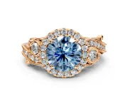 Milgrain Halo Engagement Ring Setting for Fancy Blue Round Cut Center with Shoulder Bezels and Prong Head in Rose Gold