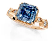 Vintage Station Engagement Ring Setting for Fancy Blue Asscher Cut Center with Accents and Prong Head in Rose Gold