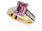 Solitaire Engagement Ring Setting for Fancy Pink Emerald Cut Center with Channel Band and Double Claw Prong Head in Yellow Gold