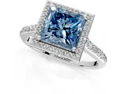Halo Engagement Ring Setting for Fancy Blue Princess Cut Center with Pave Accents, Heart Basket and Prong Head in Platinum
