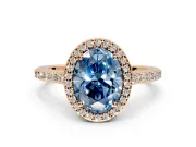 Halo Engagement Ring Setting for Fancy Blue Oval Center with Pave Accents, Heart Basket and Prong Head in Rose Gold