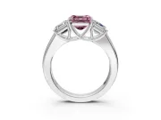3 Stone Engagement Ring Setting for Fancy Pink Asscher Cut Center with Raised Basket Heads and Prong Head in Platinum