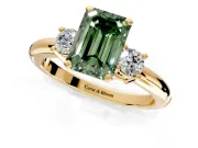 3 Stone Engagement Ring Setting for Fancy Green Emerald Cut Center with Wide Plain Band and Prong Head in Yellow Gold