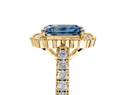 Milgrain Floral Halo Engagement Ring Setting for Fancy Blue Emerald Cut Center with Pave Band and Prong Head in Yellow Gold