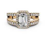 Halo Engagement Ring Setting for Emerald Cut Center with Wide-Open Pave Split Shank and Prong Head in Yellow Gold