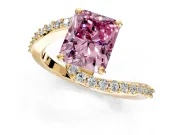 Solitaire Engagement Ring Setting for Fancy Pink Radiant Cut Center with Pave Bypass Swirl Band and Prong Head in Yellow Gold