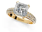 Solitaire Engagement Ring Setting for Princess Cut Center with Multi-Row Pave Accents and Basket Head in Yellow Gold
