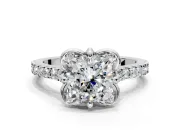 Floral Engagement Ring Setting for Cushion Cut Center with Pave Band and Floral Prong Head in Platinum