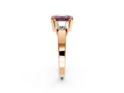 3 Stone Engagement Ring Setting for Fancy Pink Emerald Cut Center with Matching Side Accents and Prong Head in Rose Gold