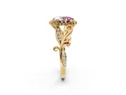 Halo Engagement Ring Setting for Fancy Pink Oval Center with Leaf Motif Split Shank and Prong Head in Yellow Gold
