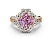 Large Accent Halo Engagement Ring Setting for Fancy Pink Princess Cut Center with Pave Split Shank and Prong Head in Rose Gold