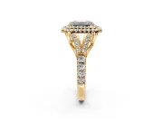 Double Halo Engagement Ring Setting for Emerald Cut Center with Narrow Pave Split Shank and Prong Head in Yellow Gold