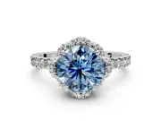 Halo Engagement Ring Setting for Fancy Blue Round Cut Center with Openwork Halo, Pave Band and Prong Head in White Gold