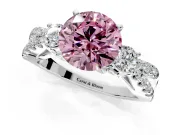 3 Stone Engagement Ring Setting for Fancy Pink Round Cut Center with Pave Split Shank and Prong Head in Sterling Silver