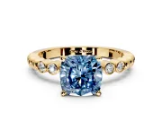 Solitaire Engagement Ring Setting for Fancy Blue Cushion Cut Center with Bezel-Dot Beaded Band and Prong Head in Yellow Gold