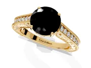 Solitaire Engagement Ring Setting for Fancy Black Round Cut Center with Engraved Pave Band and Prong Head in Yellow Gold