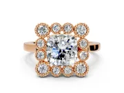 Cluster Halo Engagement Ring Setting for Cushion Cut Center with Milgrain Bezel Accents and Prong Head in Rose Gold