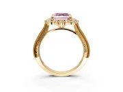 Milgrain Halo Engagement Ring Setting for Fancy Pink Asscher Cut Center with Bezel Point Accents and Prong Head in Yellow Gold
