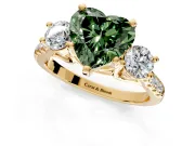 3 Stone Engagement Ring Setting for Fancy Green Heart-Shaped Center with Crossover Basket, Pave Band and Prong Head in Yellow Gold