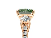 3 Stone Engagement Ring Setting for Fancy Green Radiant Cut Center with Crossover Basket, Pave Band and Prong Head in Rose Gold