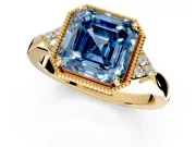Cluster Engagement Ring Setting for Fancy Blue Asscher Cut Center with Milgrain Shoulder Clusters and Prong Head in Yellow Gold