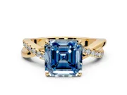 Crossover Engagement Ring Setting for Fancy Blue Asscher Cut Center with Pave and Plain Strands and Prong Head in Yellow Gold