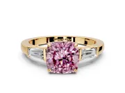 3 Stone Engagement Ring Setting for Fancy Pink Cushion Cut Center with Baguette Accents and Prong Head in Yellow Gold