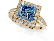 Bezel-Framed Halo Engagement Ring Setting for Fancy Blue Princess Cut Center with Pave Band and Prong Head in Yellow Gold